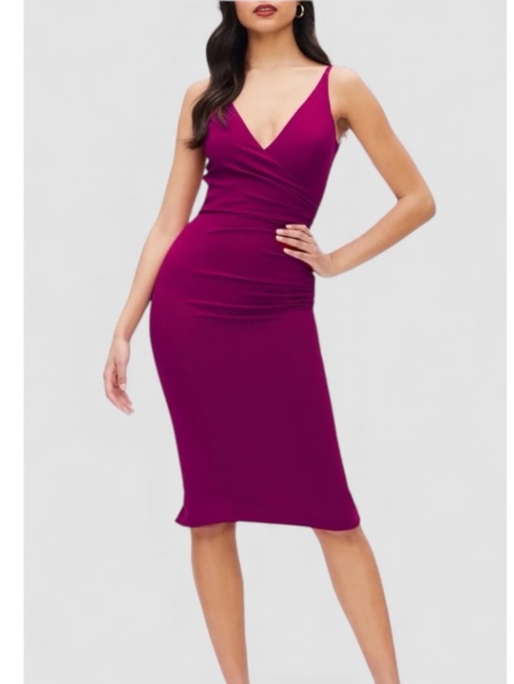 💗 Dress The Population Sleeveless V-Neck Midi Cocktail Dress, Magenta NWT Small